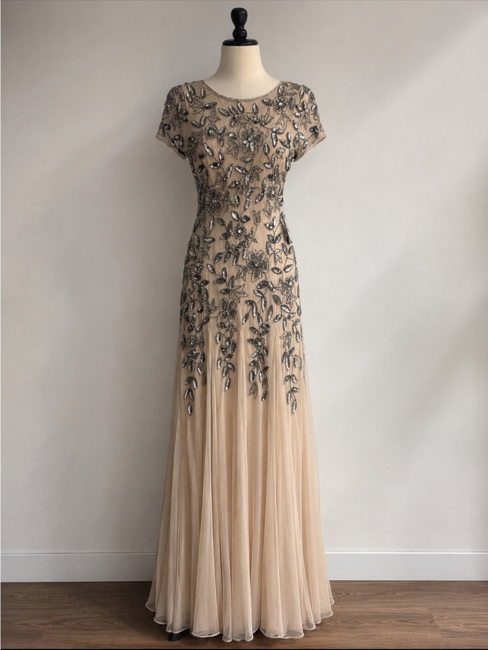 Adrianna papell Floral Beaded Godet Gown with Sheer Short Sleeves - Picture 17 of 17